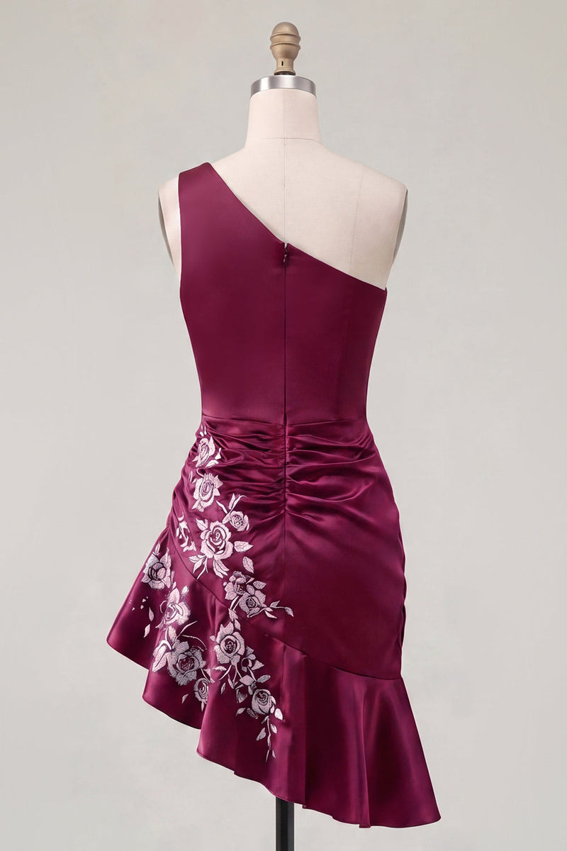 Load image into Gallery viewer, One Shoulder Floral Navy Tight Ruched Short Prom Dress with Ruffles