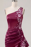 Load image into Gallery viewer, One Shoulder Floral Navy Tight Ruched Short Prom Dress with Ruffles