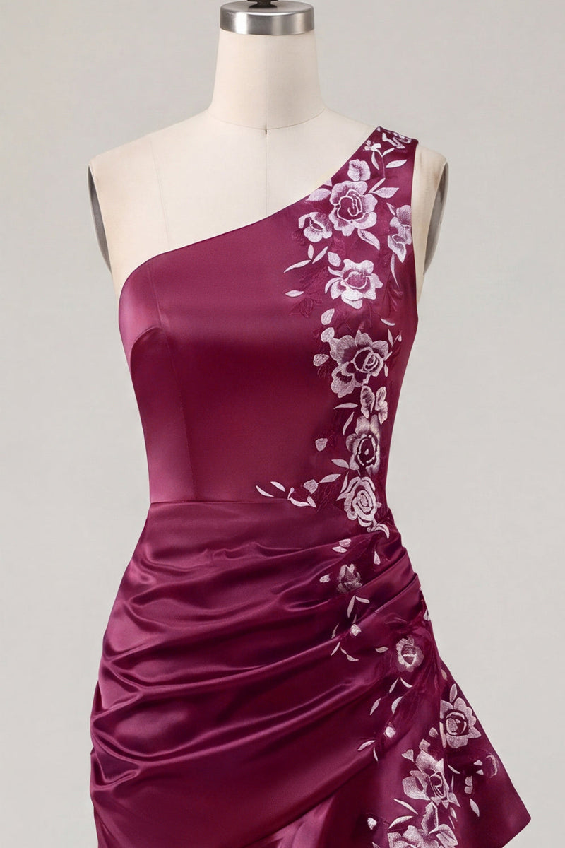 Load image into Gallery viewer, One Shoulder Floral Navy Tight Ruched Short Prom Dress with Ruffles