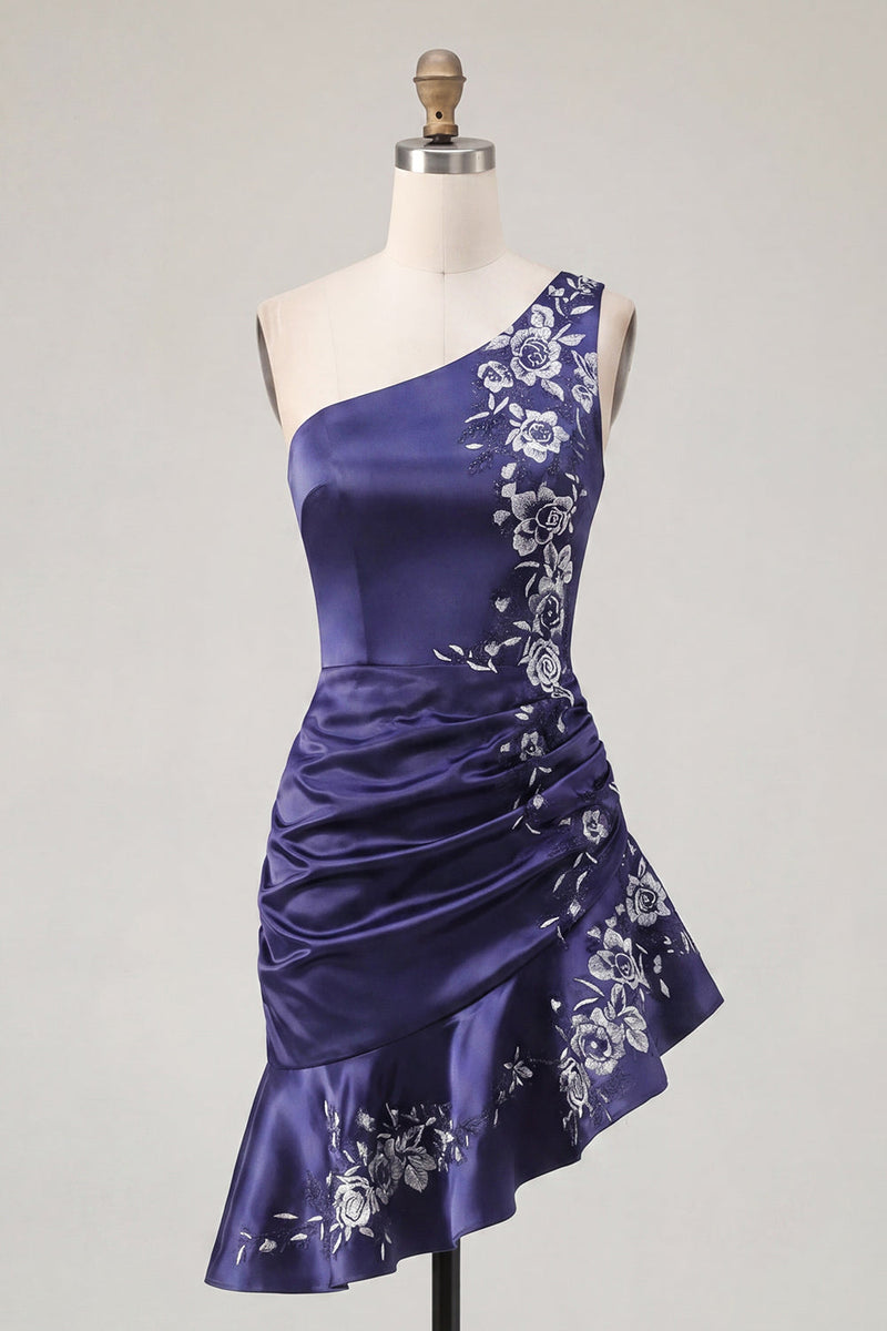 Load image into Gallery viewer, One Shoulder Floral Navy Tight Ruched Short Prom Dress with Ruffles