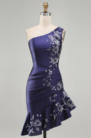 Load image into Gallery viewer, One Shoulder Floral Navy Tight Ruched Short Prom Dress with Ruffles