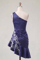 Load image into Gallery viewer, One Shoulder Floral Navy Tight Ruched Short Prom Dress with Ruffles
