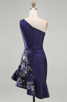 Load image into Gallery viewer, One Shoulder Floral Navy Tight Ruched Short Prom Dress with Ruffles