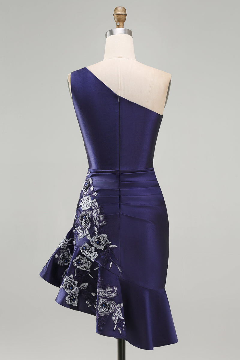Load image into Gallery viewer, One Shoulder Floral Navy Tight Ruched Short Prom Dress with Ruffles