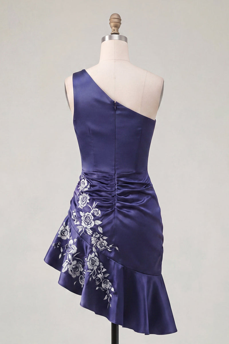 Load image into Gallery viewer, One Shoulder Floral Navy Tight Ruched Short Prom Dress with Ruffles