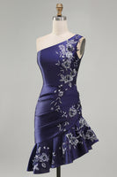 Load image into Gallery viewer, One Shoulder Floral Navy Tight Ruched Short Prom Dress with Ruffles