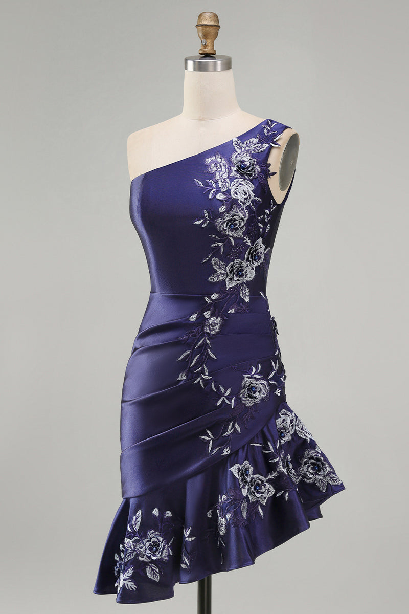 Load image into Gallery viewer, One Shoulder Floral Navy Tight Ruched Short Prom Dress with Ruffles