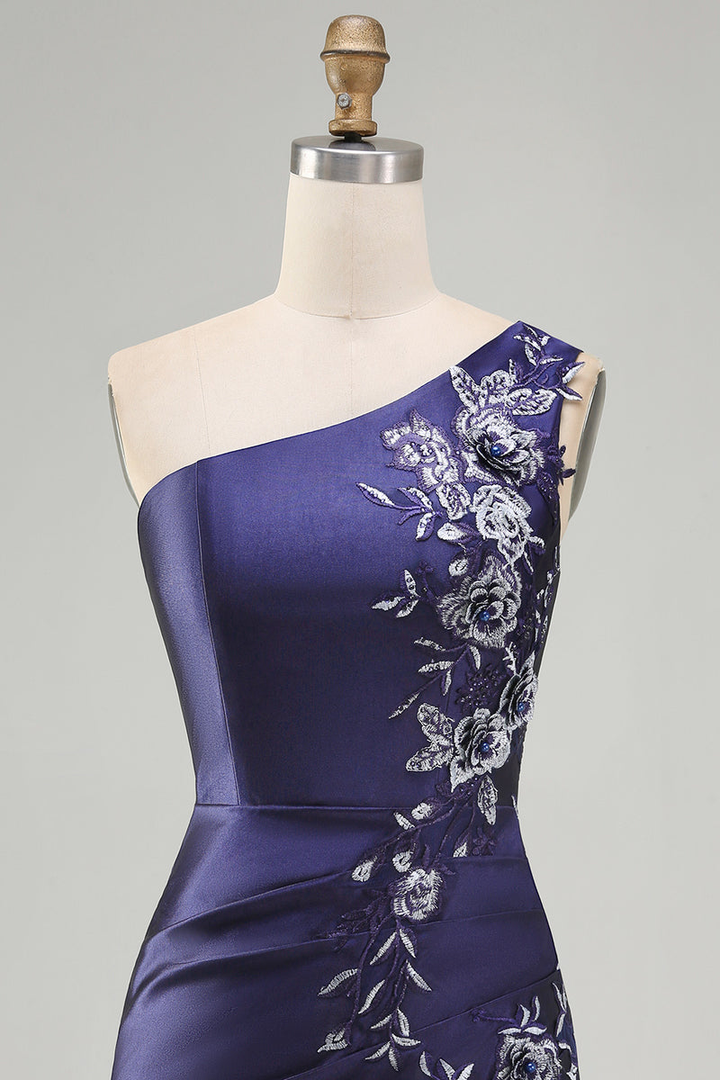 Load image into Gallery viewer, One Shoulder Floral Navy Tight Ruched Short Prom Dress with Ruffles