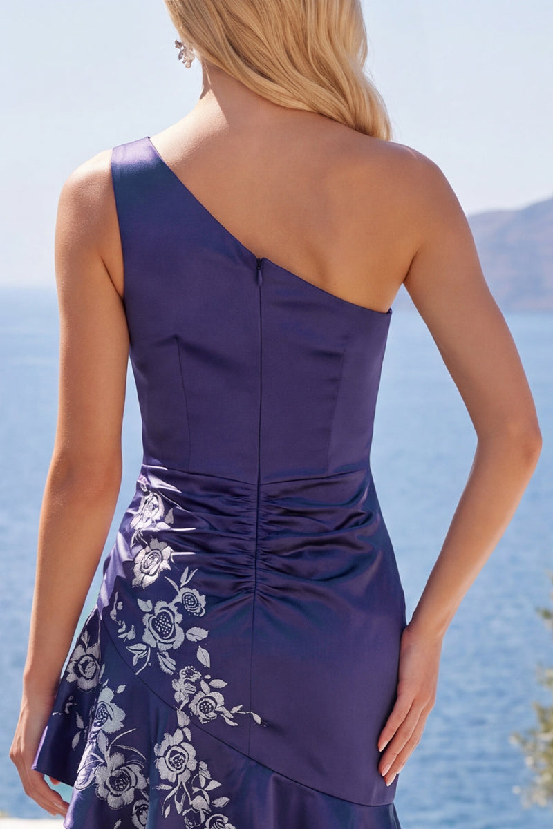Load image into Gallery viewer, One Shoulder Floral Navy Tight Ruched Short Prom Dress with Ruffles