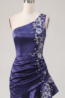 Load image into Gallery viewer, One Shoulder Floral Navy Tight Ruched Short Prom Dress with Ruffles