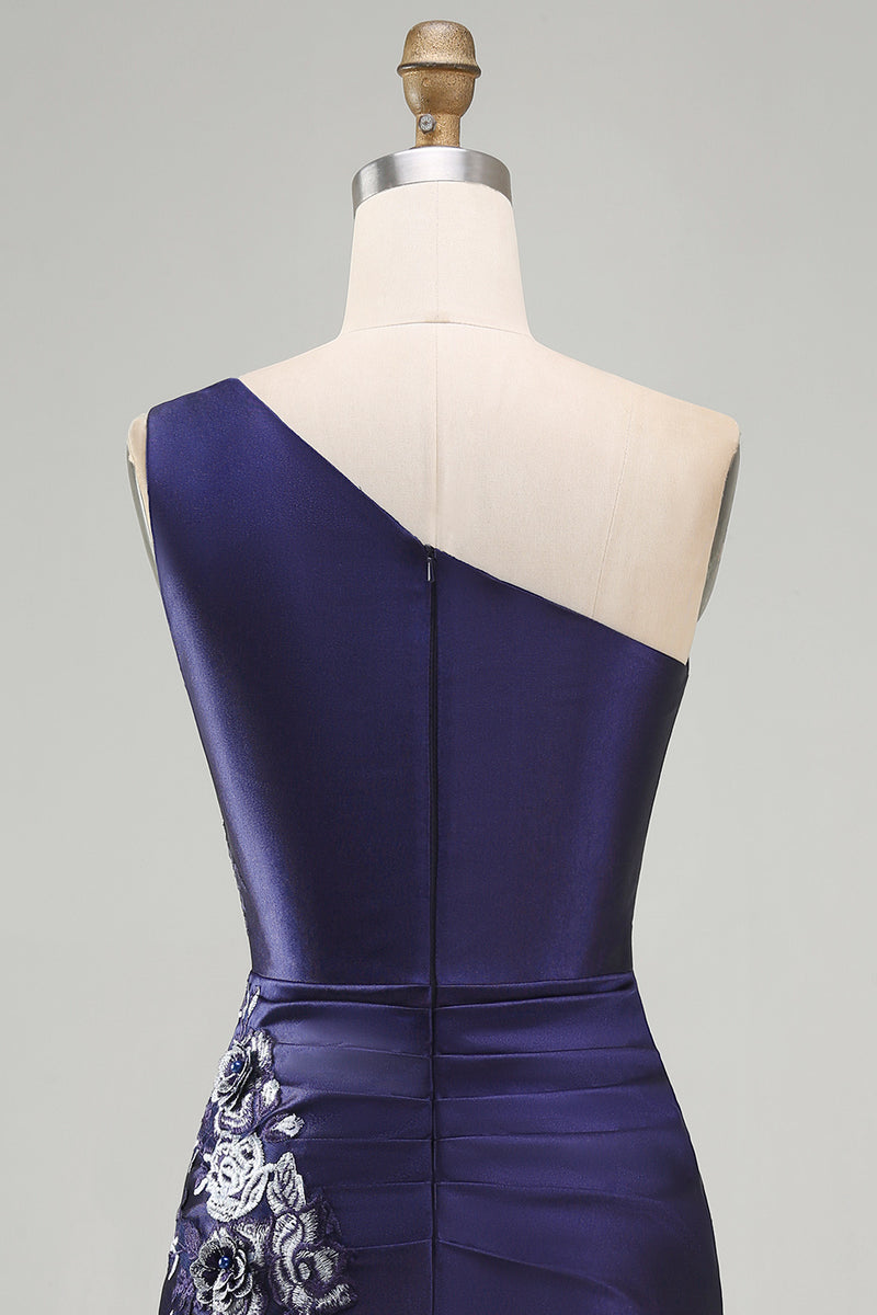 Load image into Gallery viewer, One Shoulder Floral Navy Tight Ruched Short Prom Dress with Ruffles