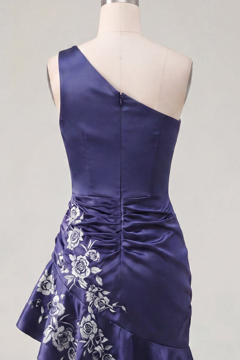 Load image into Gallery viewer, One Shoulder Floral Navy Tight Ruched Short Prom Dress with Ruffles