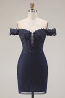 Load image into Gallery viewer, Sparkly Navy Tight Short Off the Shoulder Ruched Prom Dress with Beading