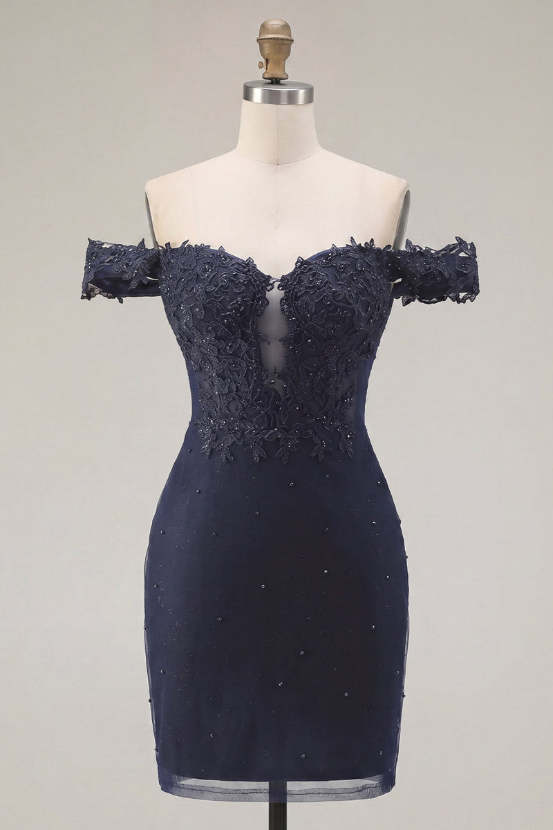 Load image into Gallery viewer, Sparkly Navy Tight Short Off the Shoulder Ruched Prom Dress with Beading
