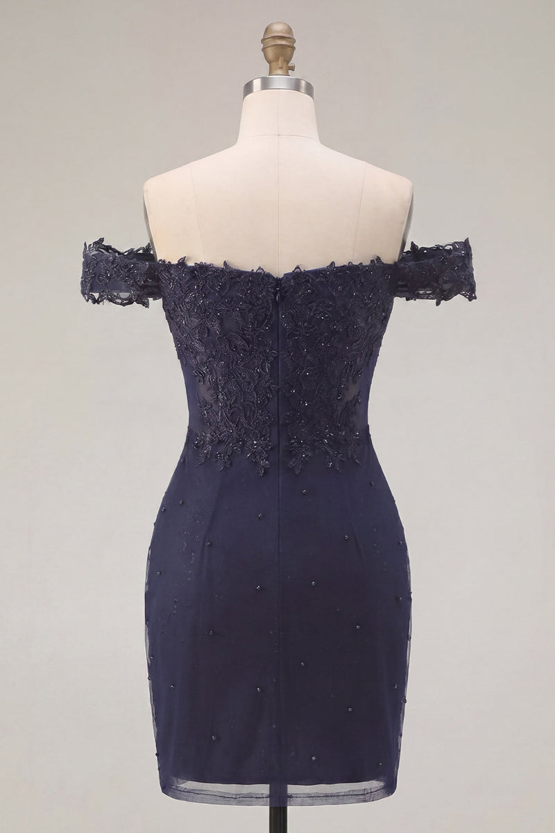 Load image into Gallery viewer, Sparkly Navy Tight Short Off the Shoulder Ruched Prom Dress with Beading