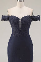 Load image into Gallery viewer, Sparkly Navy Tight Short Off the Shoulder Ruched Prom Dress with Beading