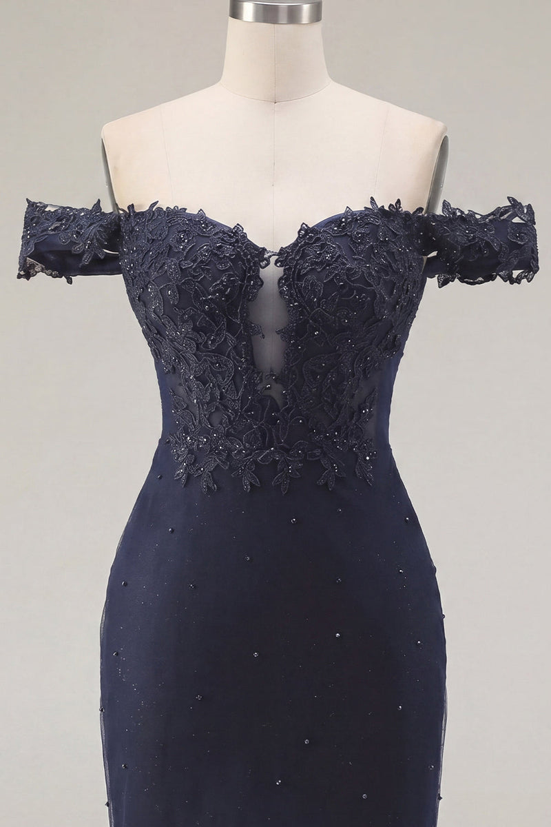 Load image into Gallery viewer, Sparkly Navy Tight Short Off the Shoulder Ruched Prom Dress with Beading