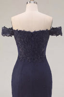 Load image into Gallery viewer, Sparkly Navy Tight Short Off the Shoulder Ruched Prom Dress with Beading