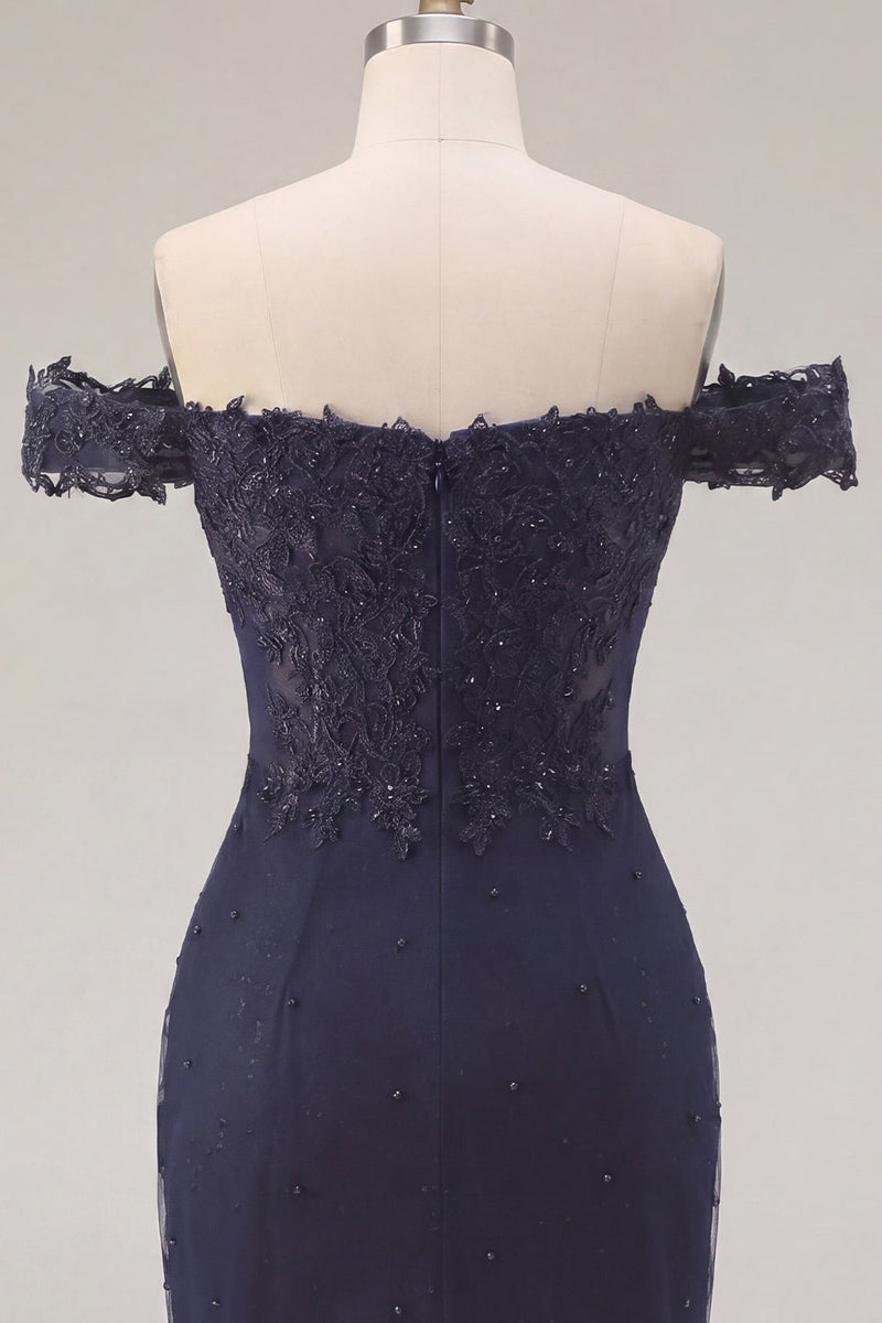 Load image into Gallery viewer, Sparkly Navy Tight Short Off the Shoulder Ruched Prom Dress with Beading
