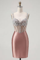 Load image into Gallery viewer, Sparkly Blush Beaded Tight Corset Short Spaghetti Straps Prom Dress