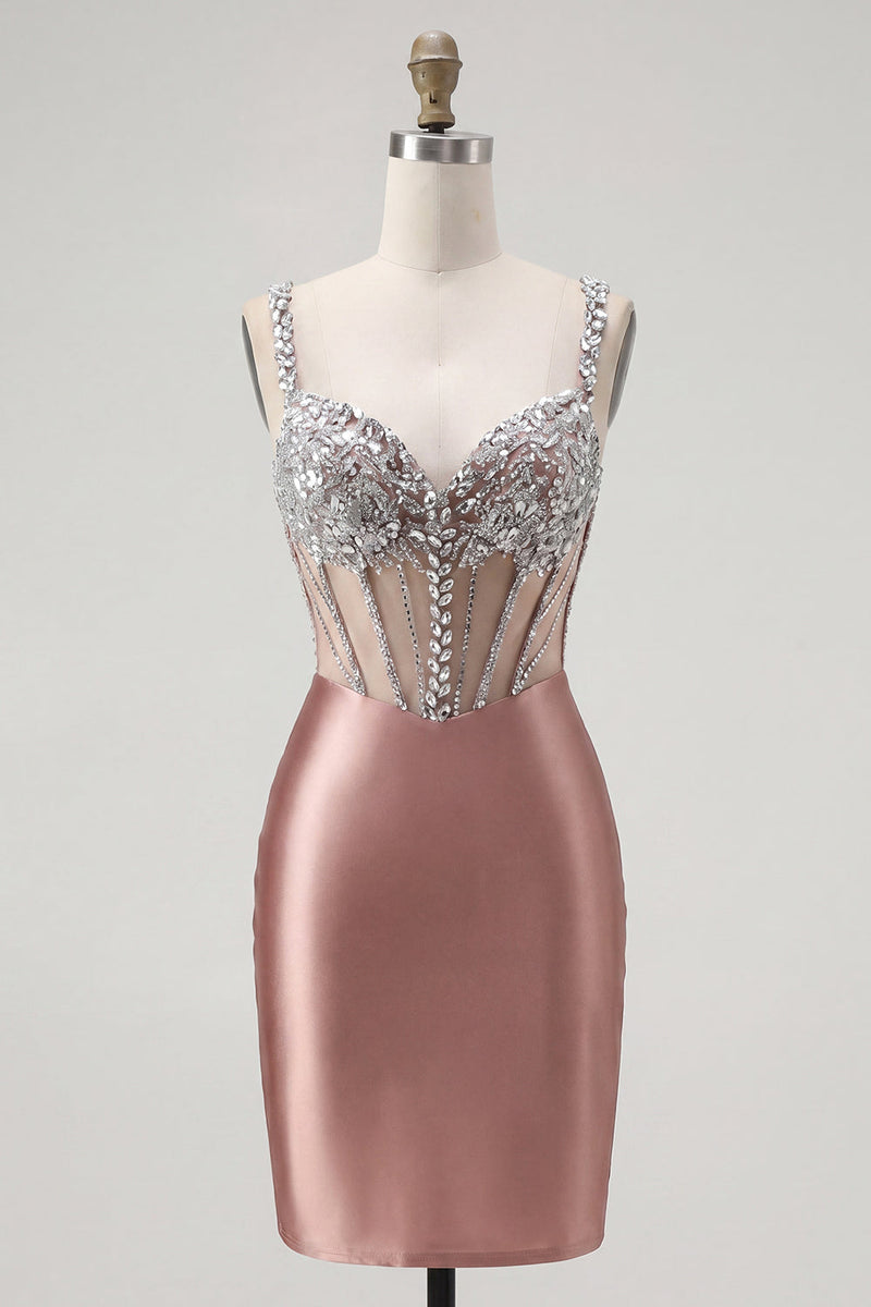 Load image into Gallery viewer, Sparkly Blush Beaded Tight Corset Short Spaghetti Straps Prom Dress