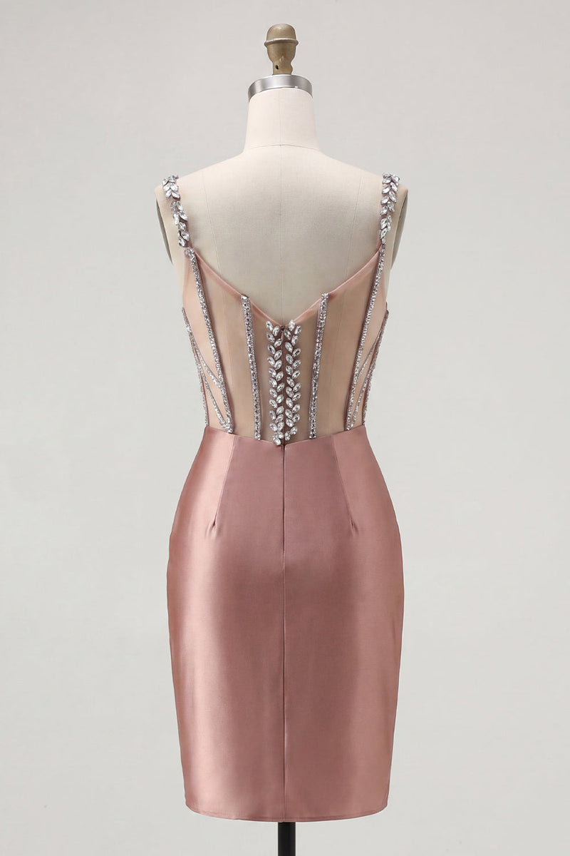 Load image into Gallery viewer, Sparkly Blush Beaded Tight Corset Short Spaghetti Straps Prom Dress