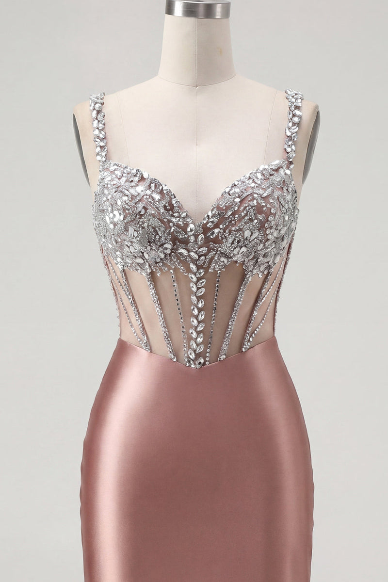 Load image into Gallery viewer, Sparkly Blush Beaded Tight Corset Short Spaghetti Straps Prom Dress
