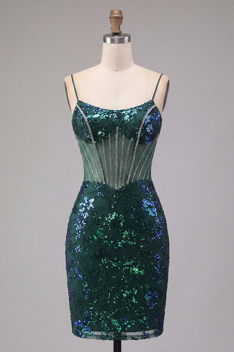 Load image into Gallery viewer, Sparkly Dark Green Corset Tight Floral Short Prom Dress with Beading