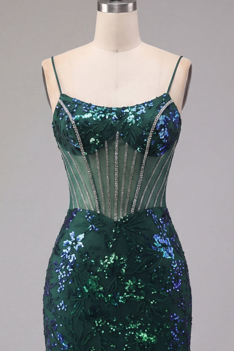Load image into Gallery viewer, Sparkly Dark Green Corset Tight Floral Short Prom Dress with Beading