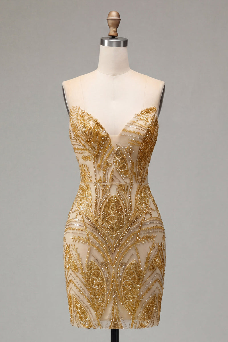 Load image into Gallery viewer, Sparkly Golden Tight Beaded Short Prom Dress