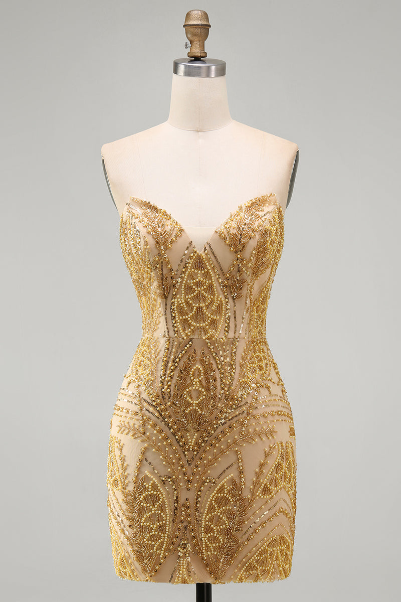 Load image into Gallery viewer, Sparkly Golden Tight Beaded Short Prom Dress