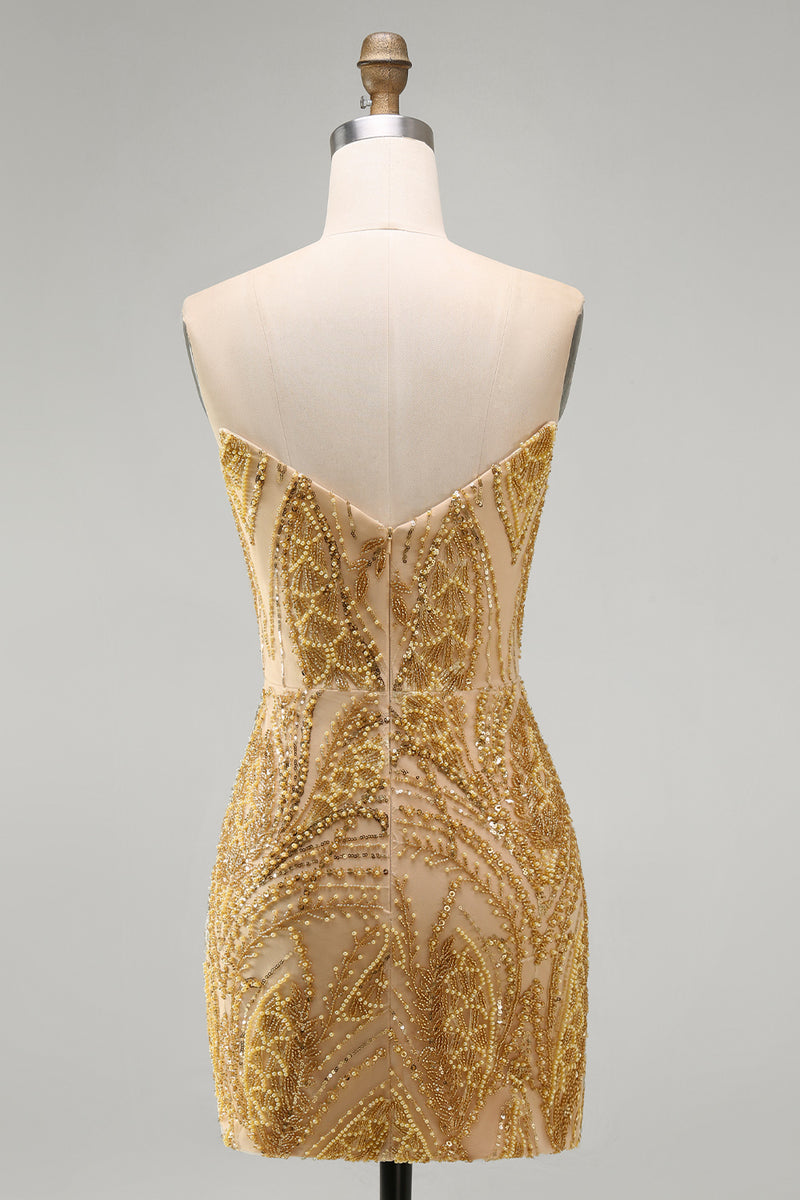 Load image into Gallery viewer, Sparkly Golden Tight Beaded Short Prom Dress