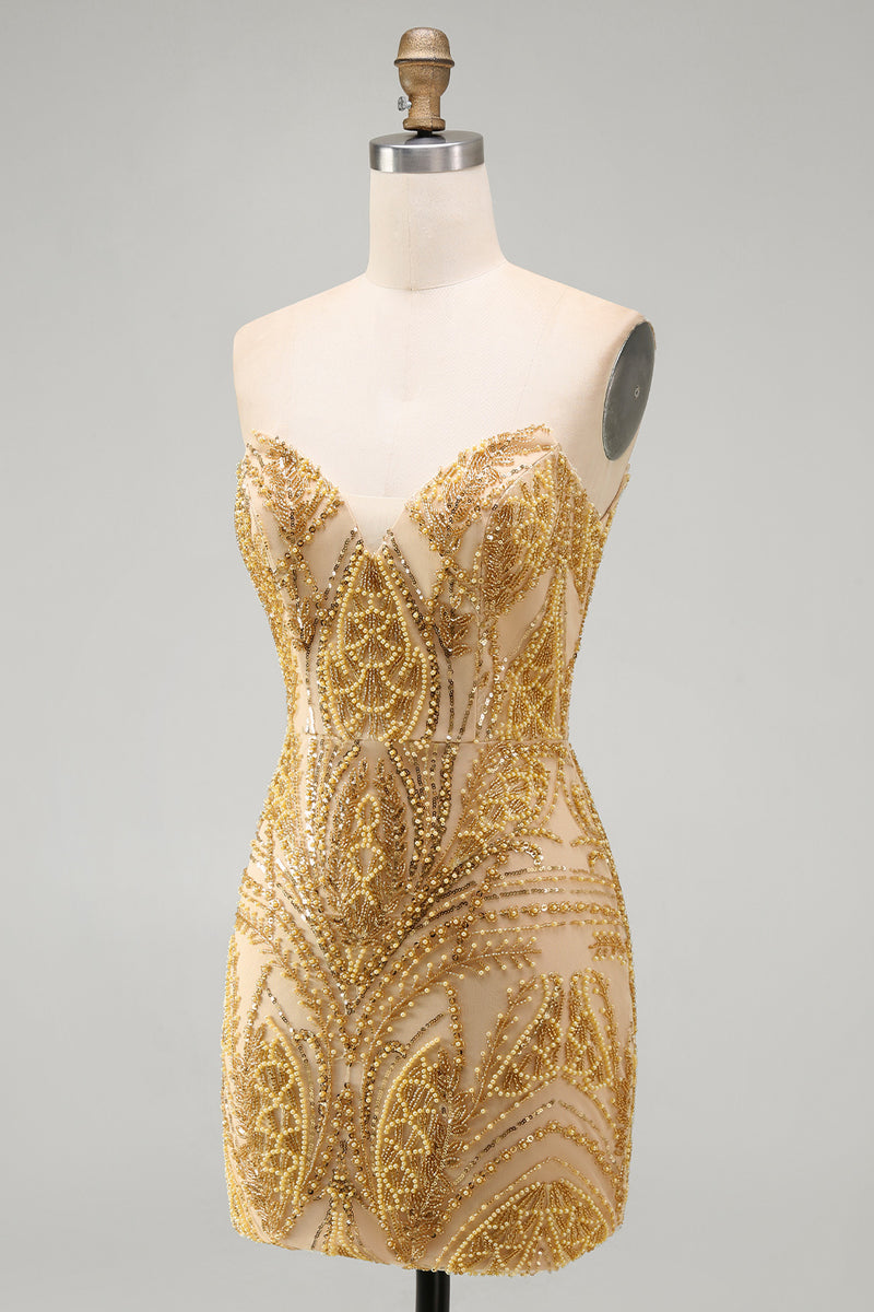 Load image into Gallery viewer, Sparkly Golden Tight Beaded Short Prom Dress