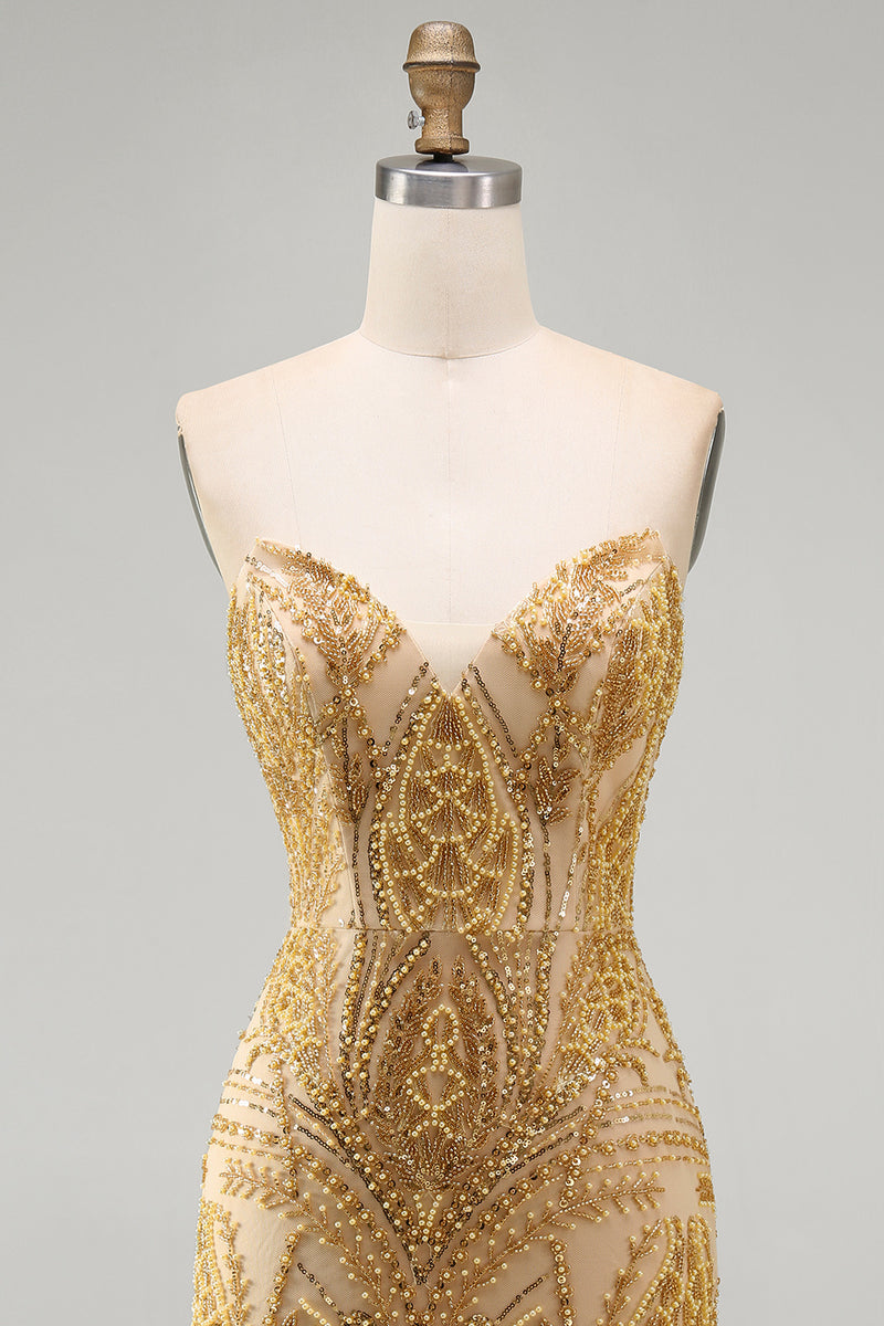 Load image into Gallery viewer, Sparkly Golden Tight Beaded Short Prom Dress