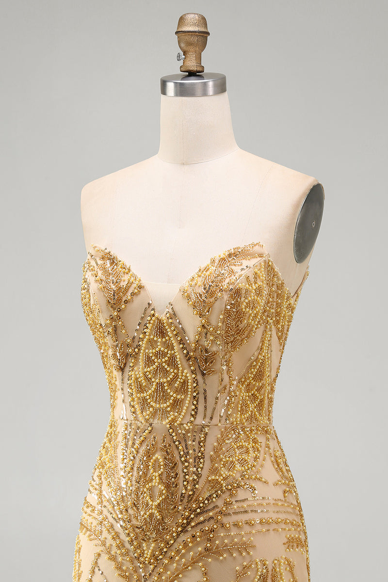Load image into Gallery viewer, Sparkly Golden Tight Beaded Short Prom Dress