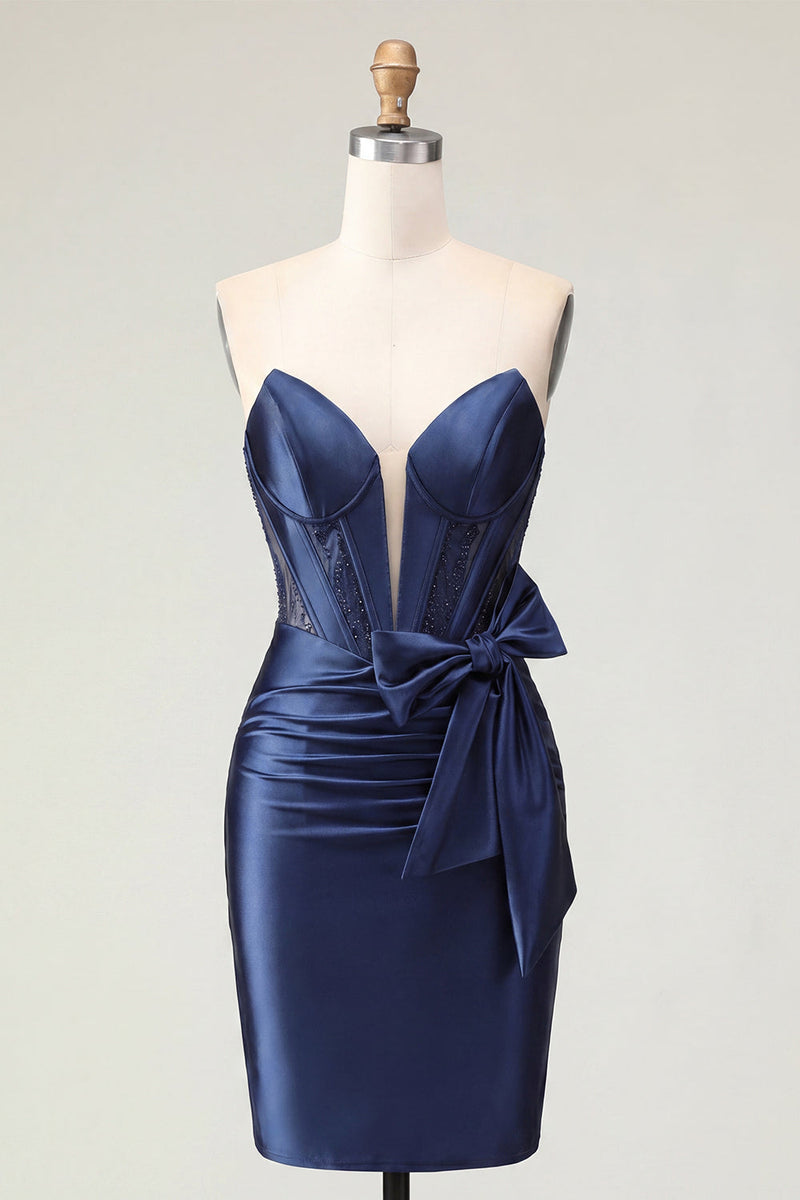Load image into Gallery viewer, Sparkly Navy Tight Short Beaded Basque Waist Corset Prom Dress with Bow