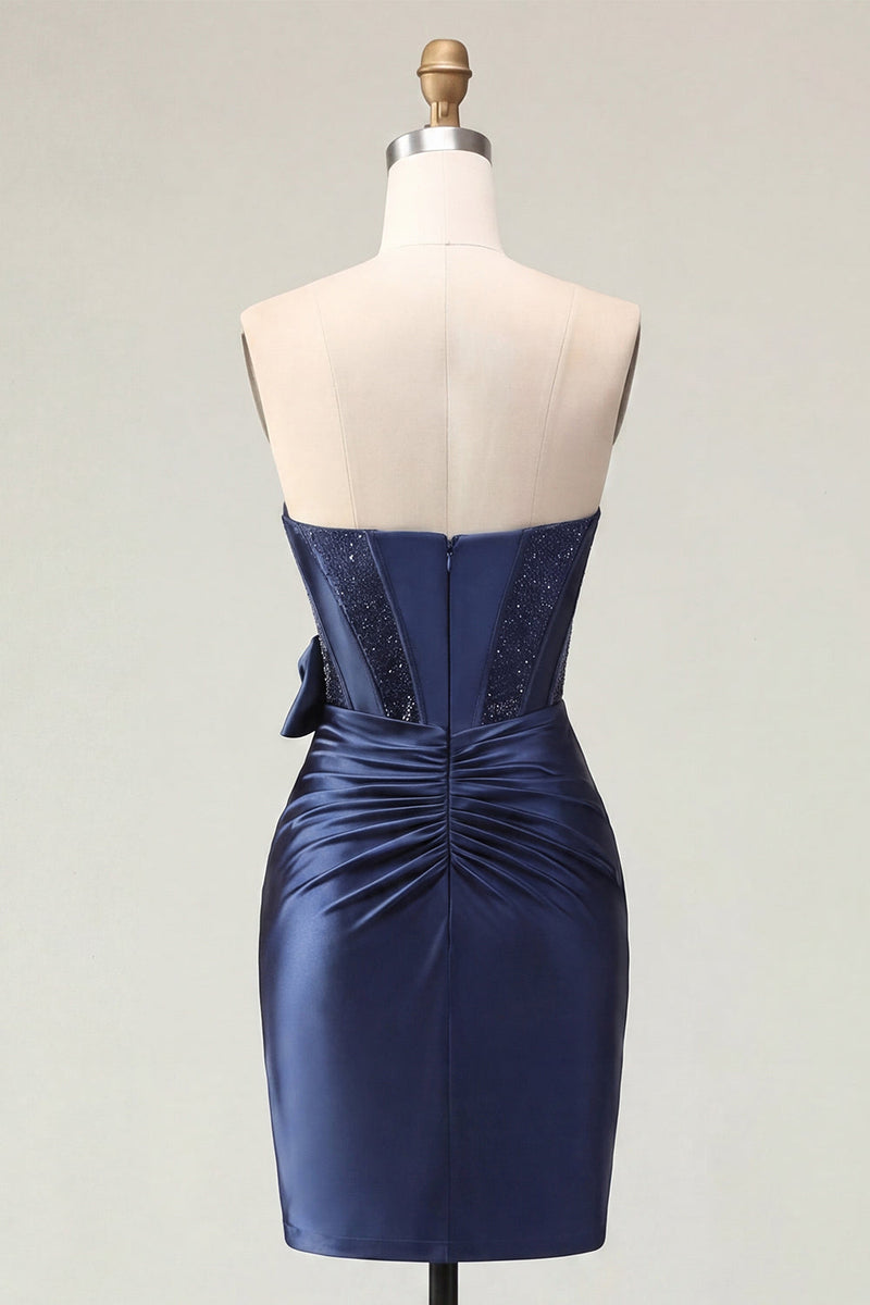Load image into Gallery viewer, Sparkly Navy Tight Short Beaded Basque Waist Corset Prom Dress with Bow