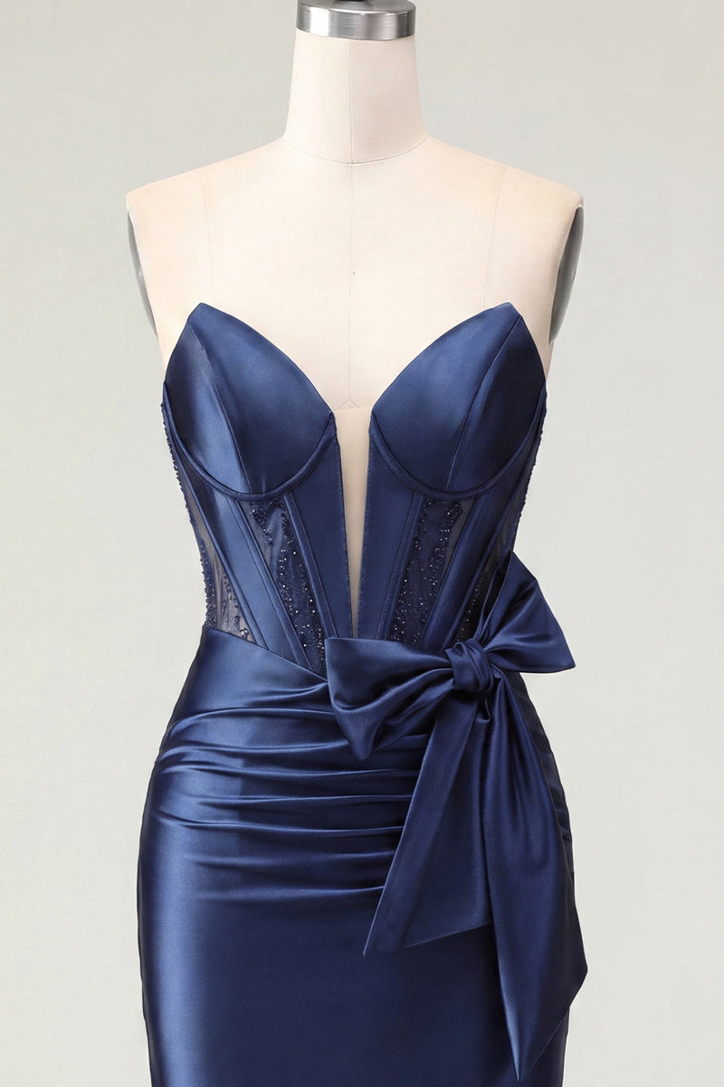 Load image into Gallery viewer, Sparkly Navy Tight Short Beaded Basque Waist Corset Prom Dress with Bow