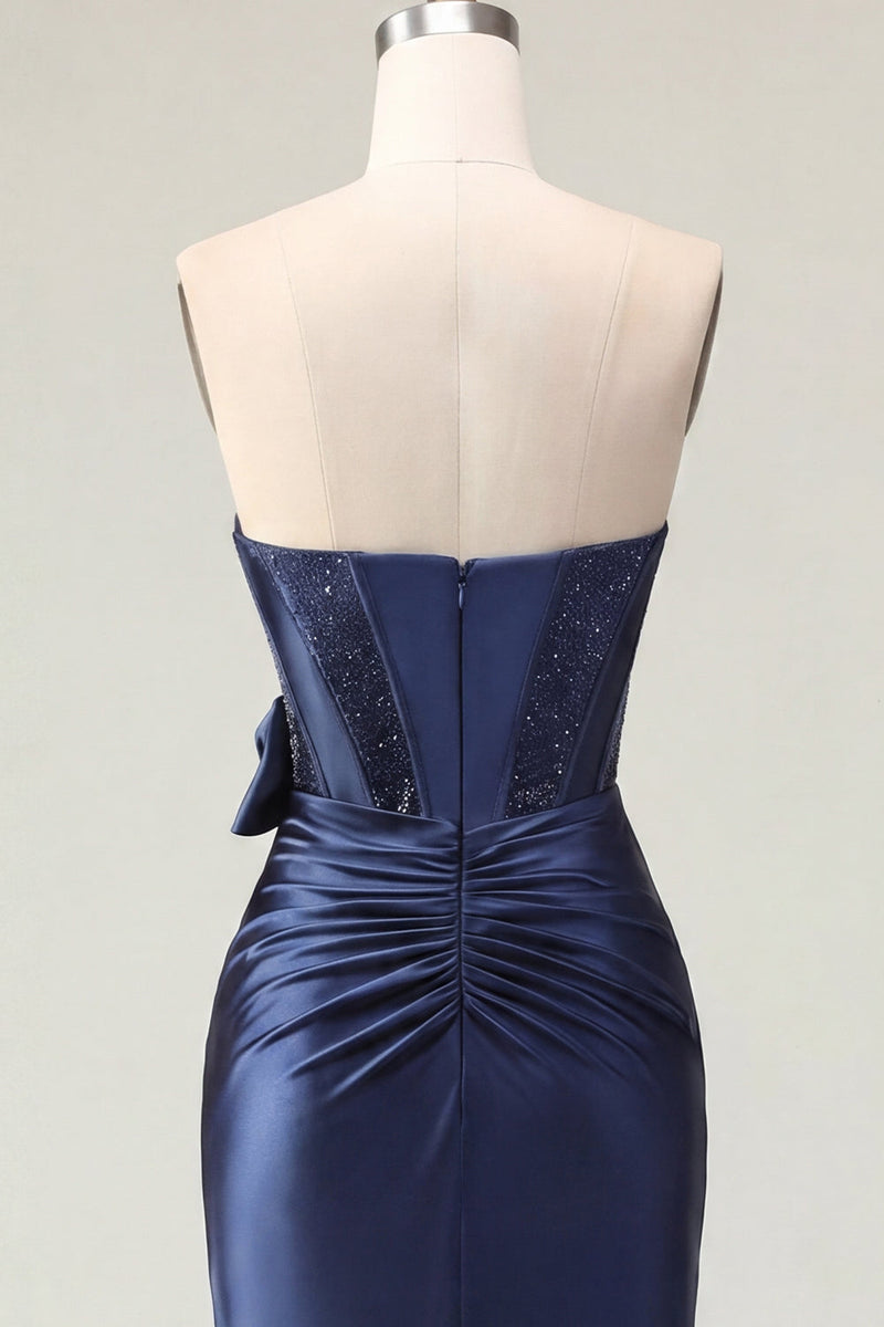Load image into Gallery viewer, Sparkly Navy Tight Short Beaded Basque Waist Corset Prom Dress with Bow