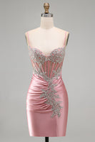 Load image into Gallery viewer, Sparkly Blush Tight Corset Short Spaghetti Straps Prom Dress with Beading