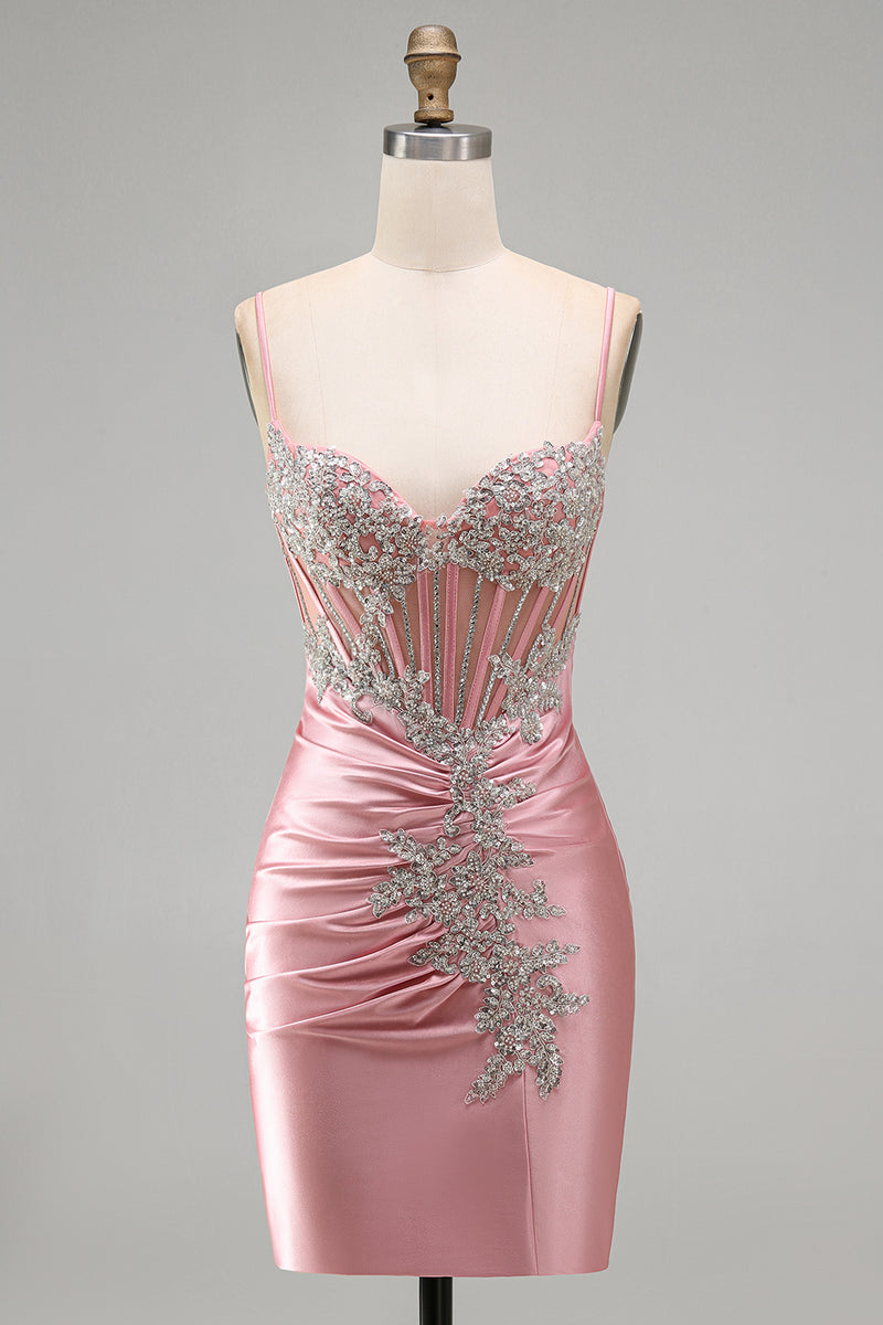 Load image into Gallery viewer, Sparkly Blush Tight Corset Short Spaghetti Straps Prom Dress with Beading