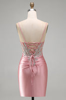 Load image into Gallery viewer, Sparkly Blush Tight Corset Short Spaghetti Straps Prom Dress with Beading