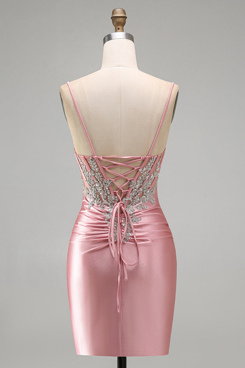 Load image into Gallery viewer, Sparkly Blush Tight Corset Short Spaghetti Straps Prom Dress with Beading