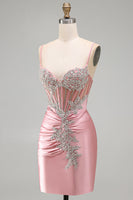 Load image into Gallery viewer, Sparkly Blush Tight Corset Short Spaghetti Straps Prom Dress with Beading