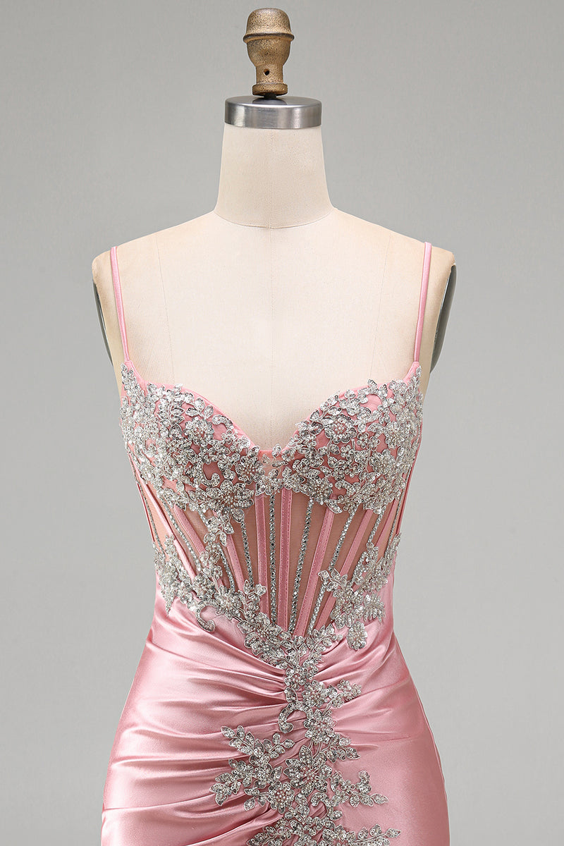 Load image into Gallery viewer, Sparkly Blush Tight Corset Short Spaghetti Straps Prom Dress with Beading