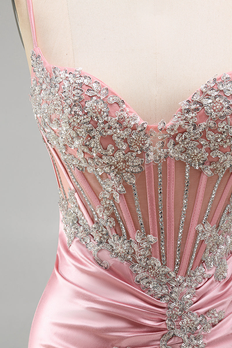 Load image into Gallery viewer, Sparkly Blush Tight Corset Short Spaghetti Straps Prom Dress with Beading
