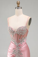 Load image into Gallery viewer, Sparkly Blush Tight Corset Short Spaghetti Straps Prom Dress with Beading