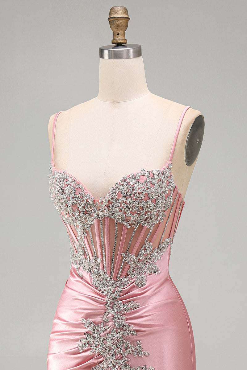 Load image into Gallery viewer, Sparkly Blush Tight Corset Short Spaghetti Straps Prom Dress with Beading