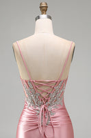 Load image into Gallery viewer, Sparkly Blush Tight Corset Short Spaghetti Straps Prom Dress with Beading