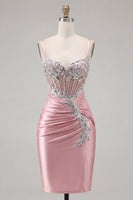 Load image into Gallery viewer, Sparkly Blush Tight Corset Short Spaghetti Straps Prom Dress with Beading